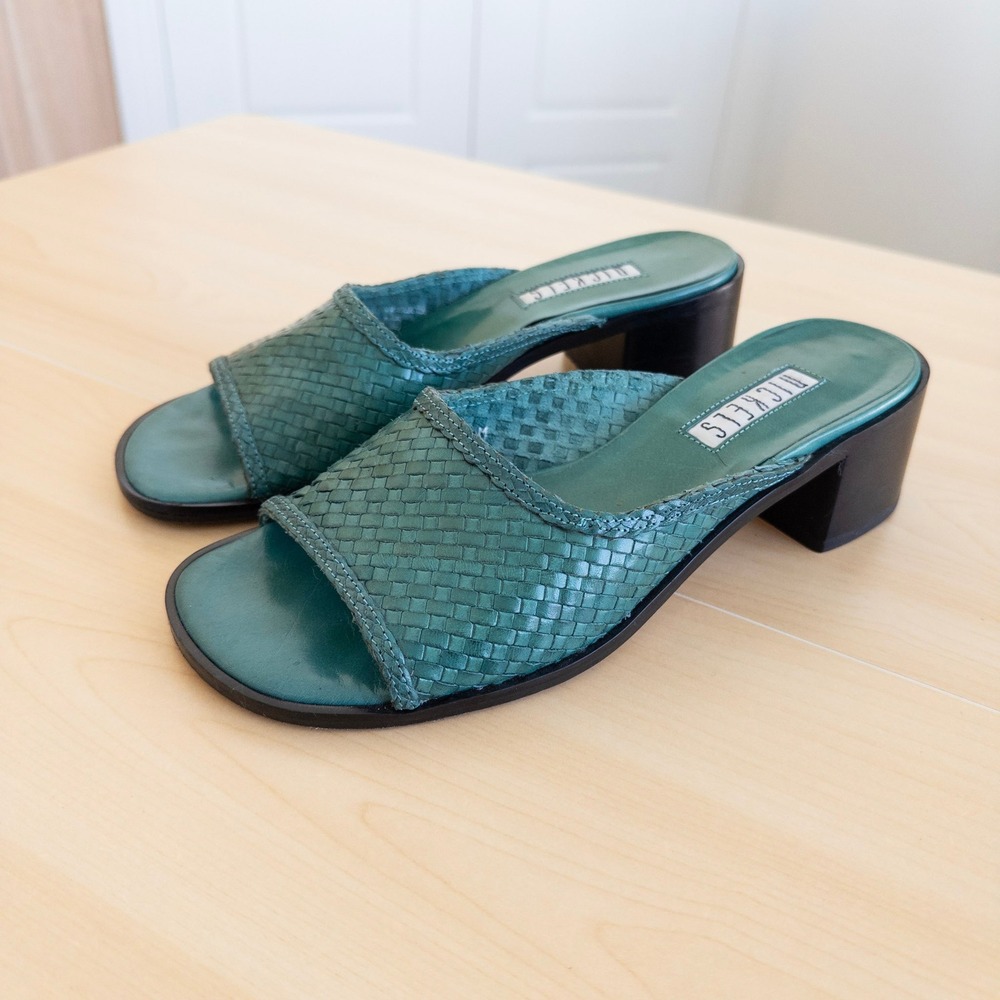 Vintage Nickels Womens Slide Sandals 7M Teal Woven Leather Block Heel 90s Y2K